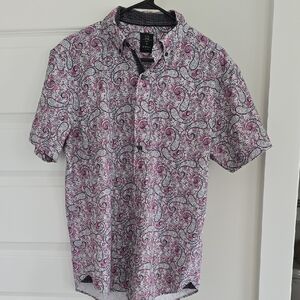 Casual Short-Sleeve Paisley Button-Down Shirt - Pink/White
